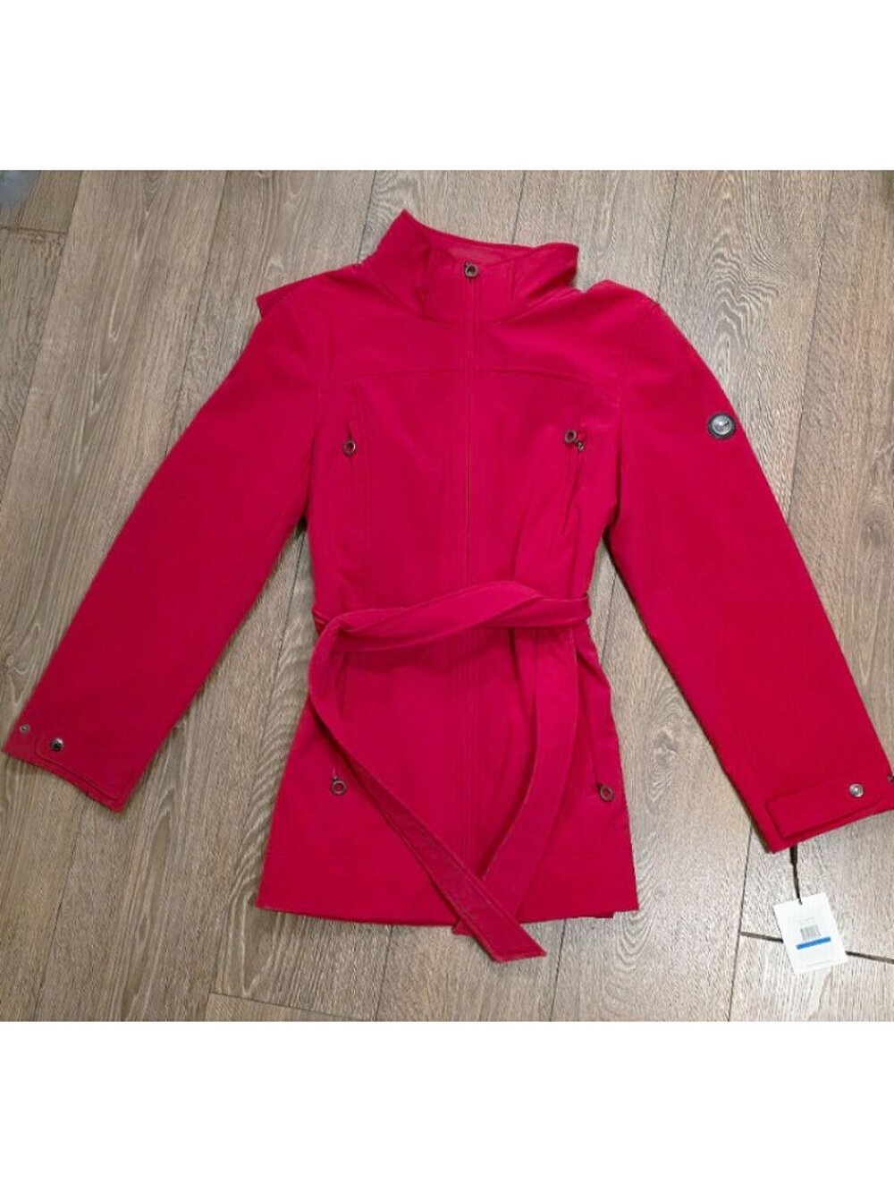 Calvin Klein Womens Red Hooded Belted Water Resistant Long Jacket NWT XL